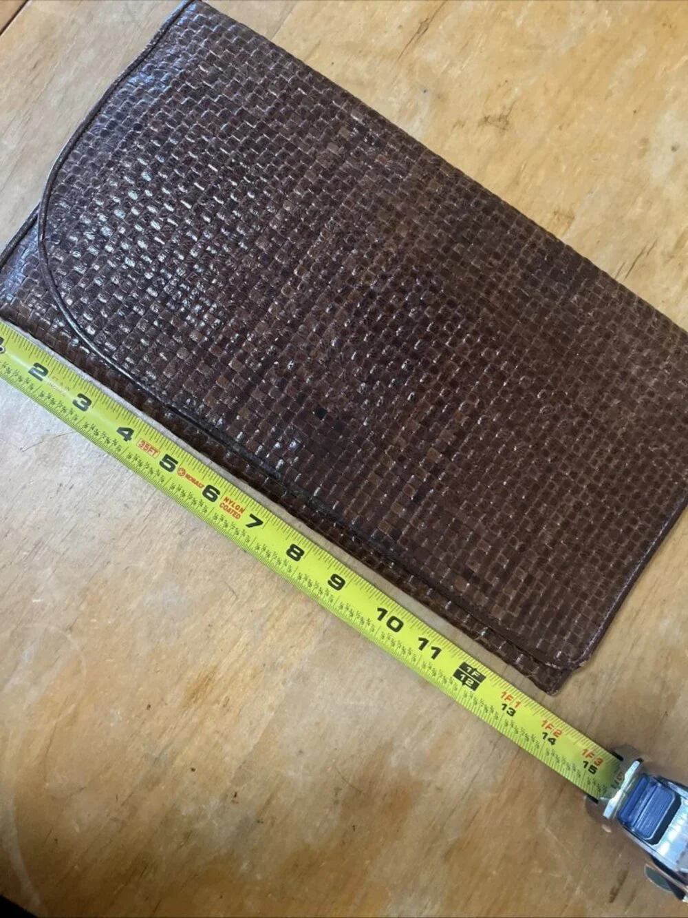 Vintage Beautiful Brown Leather Woven Large Clutch 14x8inch Snap Closure